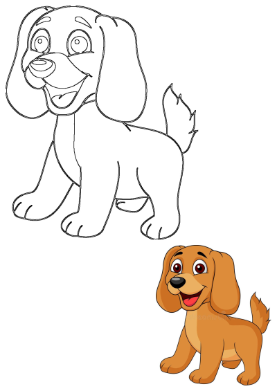 Cartoon illustration of a cute Labrador Retriever dog. Includes a colored version and a black and white outline drawing.