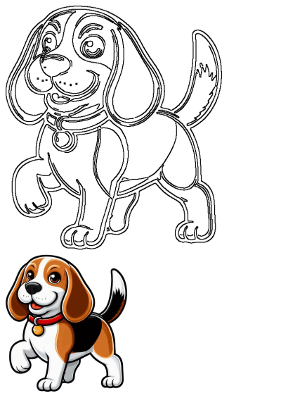 Illustration of a beagle dog in cartoon style, showing both a filled-in color version and an outline version for coloring.