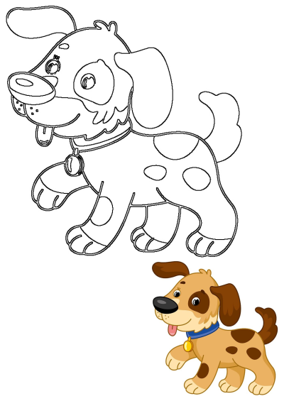 Cartoon illustration of a cute beagle dog with brown spots, wearing a blue collar and a golden tag, a fun and playful design.