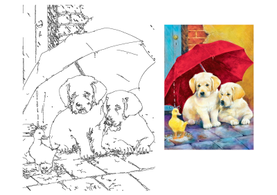 Two cute Labrador Retriever puppies sit under a red umbrella next to a yellow duckling in the rain. Watercolor painting.