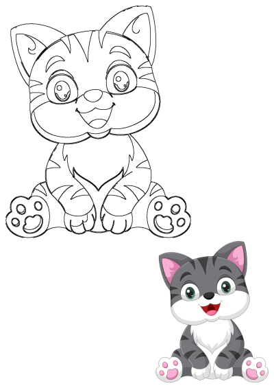 Adorable cartoon illustration of a cute kitten sitting. Features both a colored and outlined version of the cheerful gray tabby cat.
