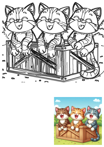 Illustration of three cute cats sitting in a wooden crate, smiling, happy mood. Great for kids, vector, cartoon style.