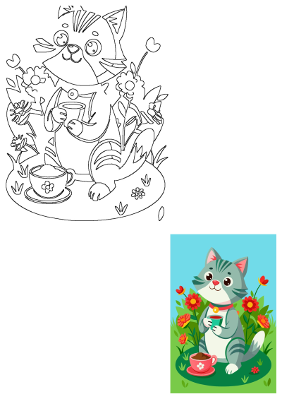 Cute cartoon cat enjoying tea in a flower garden. Whimsical illustration for kids and cat lovers. Adorable feline character.