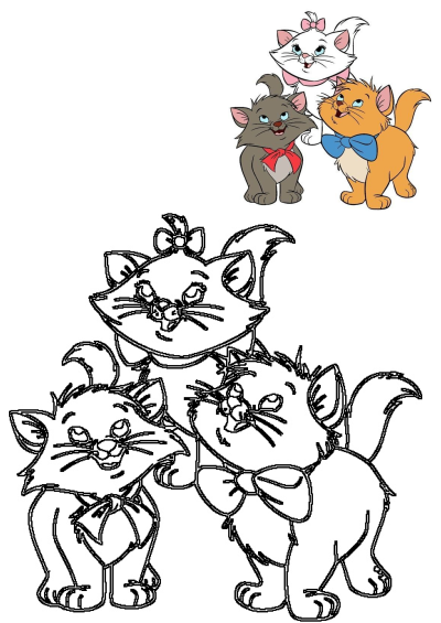 Image depicts the Aristocats kittens: Marie, Berlioz and Toulouse. There's a colored version above the outlines of the kittens.