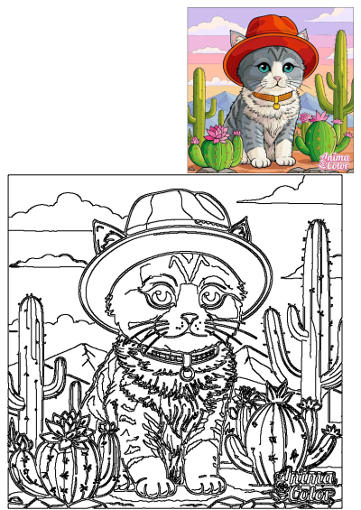 Line art drawing of a cat wearing a hat in a desert scene with cacti and mountains,suitable for kids to improve creativity. 