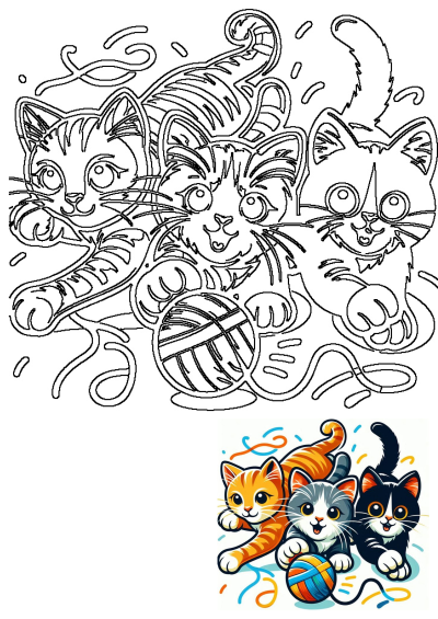 Outline image of three playful cats enjoying a yarn ball game, surrounded by streamers. 