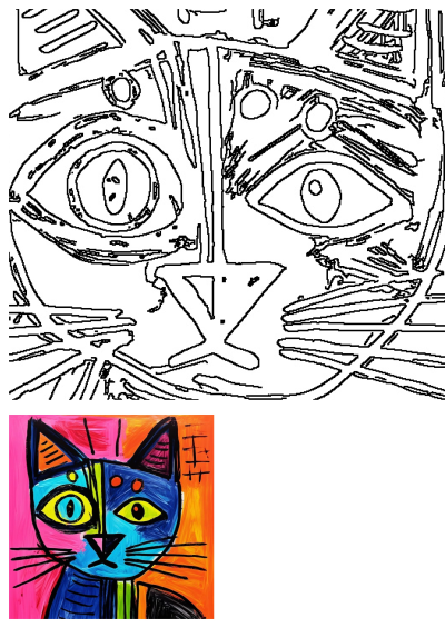 Abstract art print of a cat face outlined in black and white. Quirky feline art with a modern, minimalist style. 