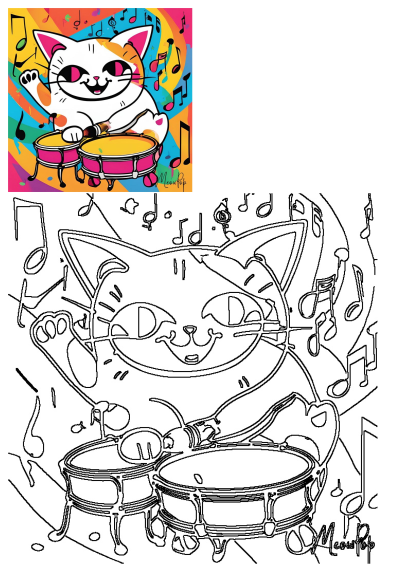 Outline drawing of a cat playing drums surrounded by music notes. Cartoon style illustration.