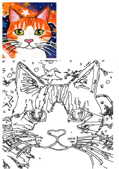 Artwork of an orange and white cat with green eyes, set against a starry night sky background. A line drawing of the cat's face below.