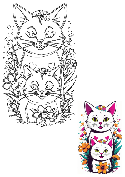 Two cute cats with flowers and heart. This is drawing image of cats and flowers. Cats, flowers and heart are around them.