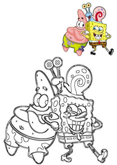 Spongebob, Patrick, and Gary hug in this line art. A colored version of the happy trio appears above the black and white image.
