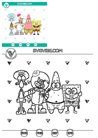 Spongebob, Patrick, Squidward, and Sandy wearing space suits. A line art of the cartoon characters is available for crafters.