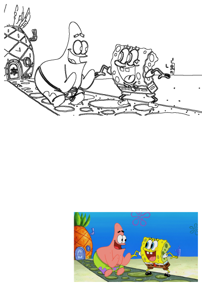 Spongebob and Patrick, the best friends, are happy and laughing in this image. Their pineapple house is in the background.