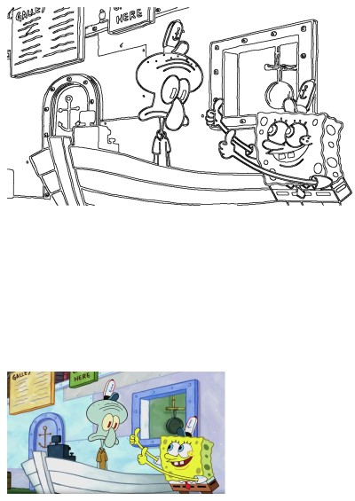 Line art of Spongebob and Squidward giving a thumbs up at the Krusty Krab. Perfect for SpongeBob fans.  