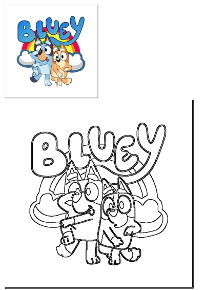 Bluey and Bingo logo featuring a rainbow, perfect for coloring. A fun activity for kids who love the Bluey cartoon series.