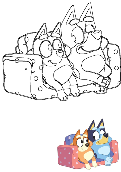 Bluey and Bingo are cuddling on the couch. Adorable line art captures a sweet moment between the cartoon sisters. 