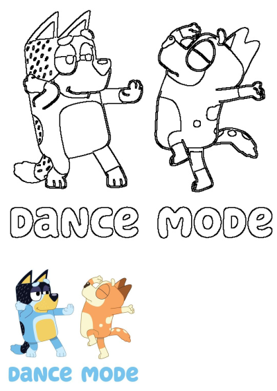 Bluey and Bingo in dance mode outlines to color. Fan art featuring the Heeler siblings dancing! Free to download and print.
