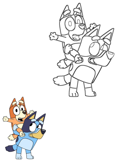 Bluey gives Bingo a piggyback ride in this adorable image. One version is colored and the other is line art, ready to be colored in.