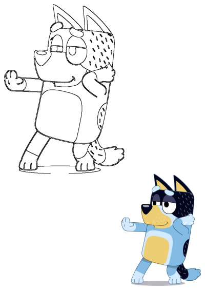 An illustration of Bluey walking with a side-eye glance, shown in both line art and full color.
