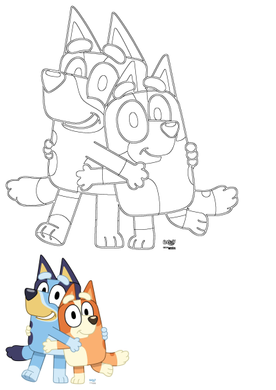 Bluey and Bingo hugging in this heartwarming image. A cute illustration of the two sisters expressing their love for each other.