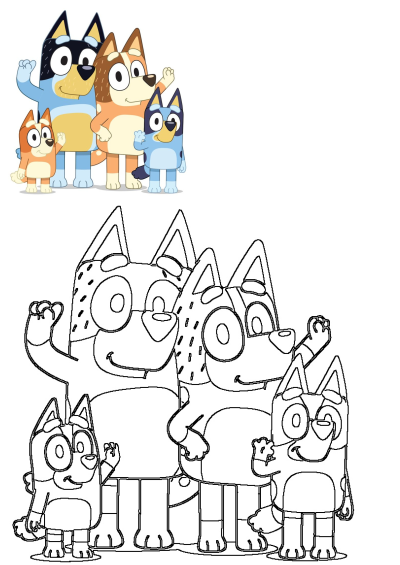 Bluey, Bingo, Mom, and Dad waving in color and line art. A happy Bluey family portrait for kids to color and enjoy.