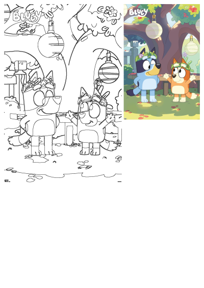 Black and white outline drawing of Bluey and Bingo crafting outdoors under a tree decorated with lanterns.