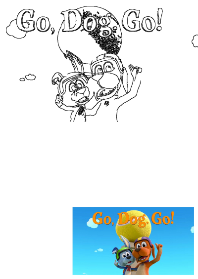 Go Dog Go characters Barker and Tag with a giant tennis ball. Illustration of the cartoon TV show. 