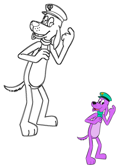 Go Dog Go's Barker, a cute dog wearing a hat and scarf. A full outline version and a colored version.