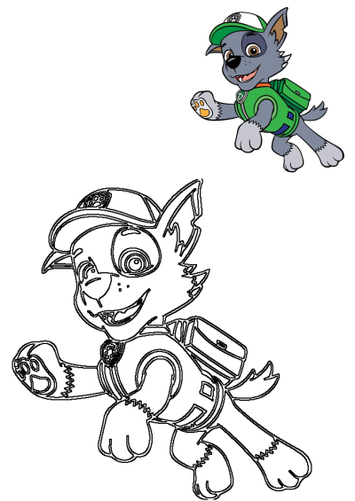 Rocky from Paw Patrol running with his green vest and cap. Digital art of Rocky with line art for painting.
