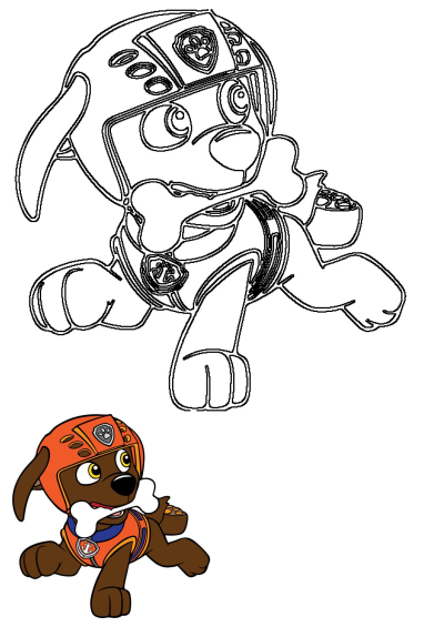 Paw Patrol's Zuma running with a bone, a drawing to be colored with a Zuma already colored at the bottom of the image.