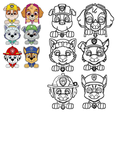 Portraits of Paw Patrol characters Rubble, Skye, Everest, Rocky, Marshall, and Chase, featuring both colored and line art versions.