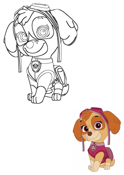 Paw Patrol's Skye sitting pretty, with line art for creative expression and vibrant color version. Adorable and ready for adventure.