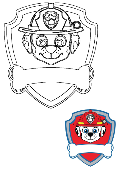 Paw Patrol Marshall badge. Marshall the firedog, wearing his hat with a paw print and a dog bone badge, ready for action in Adventure Bay.