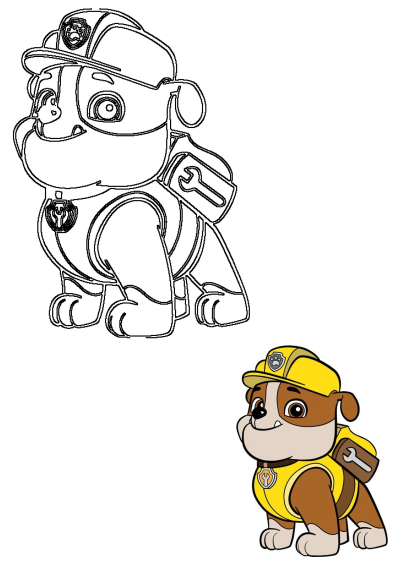 An illustration featuring Rubble from Paw Patrol, both in color and as a line drawing. Rubble is a construction pup wearing his yellow hard hat.