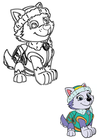 Everest from Paw Patrol, sitting in a cute pose. Featuring both a line art version and a colored version of Everest.