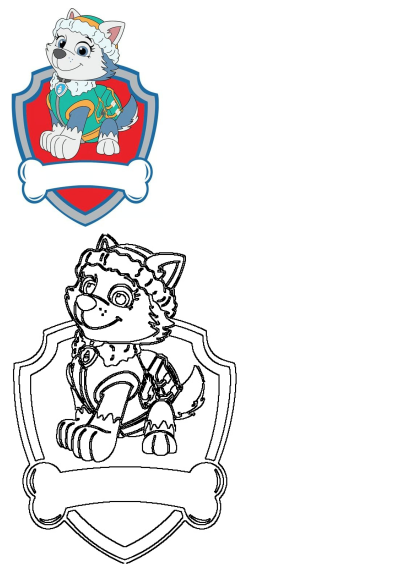 Printable Everest Paw Patrol badge image with a color version and a black and white version for coloring. 