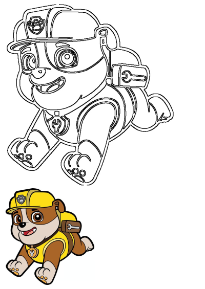 Rubble from Paw Patrol running, a lovable bulldog wearing his signature yellow construction hat and vest, ready for action and rescue missions.