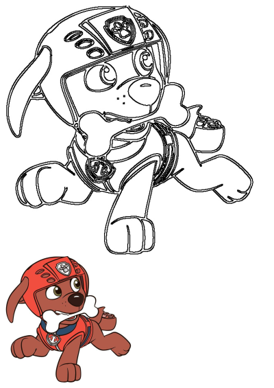 Paw Patrol's Marshall running with a bone in his mouth, featured both as a filled-in image and in an outline version for creative projects.