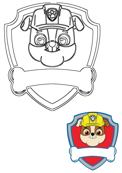 Paw Patrol Rubble's badge outline. Features Rubble's face with his construction hat, set against a shield with bone shape below.