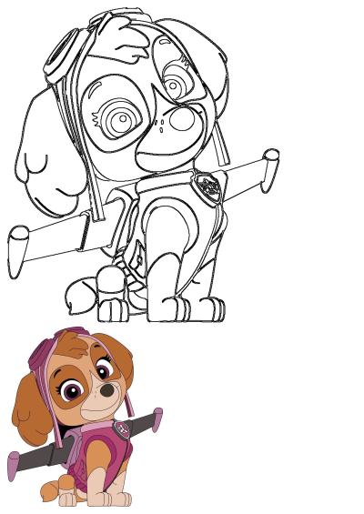 Skye from Paw Patrol, ready for an adventure in the sky. Image features both a fully colored version and an outline ready to be colored.