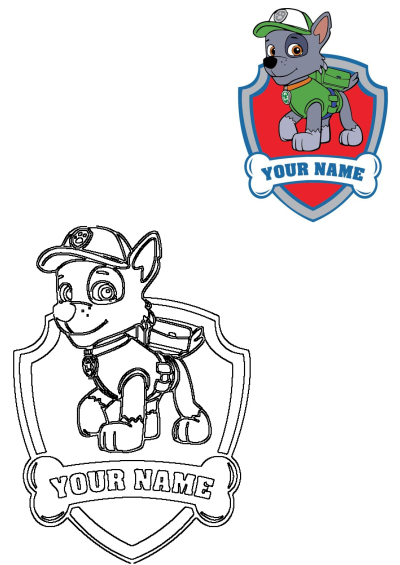 Paw Patrol Rocky badge with your name. Features Rocky the recycle pup. Perfect for personalization. Two badge style in the image.
