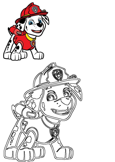 Marshall from Paw Patrol, the cute Dalmatian firefighter puppy, is sitting and ready for action in color and outline versions.
