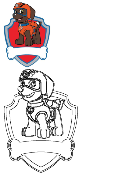 Paw Patrol's Zuma badge image. Features a colored Zuma badge above a blank badge outline, perfect for Zuma fans and creative projects.