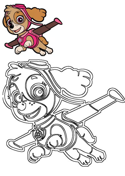 Side view of Skye from Paw Patrol, flying high! Perfect for fans. Image contains both colored and outline versions of the character.