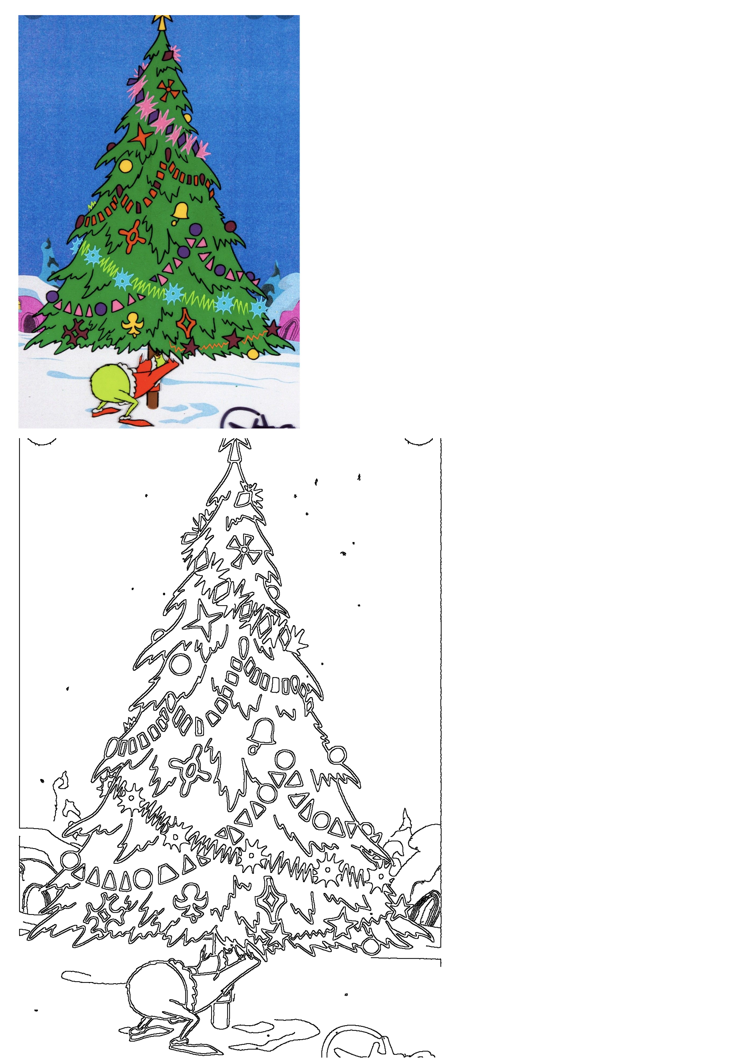 A vibrant image of Dr. Seuss's Grinch stealing a beautifully decorated Christmas tree, featuring colorful ornaments. Includes an outline version.