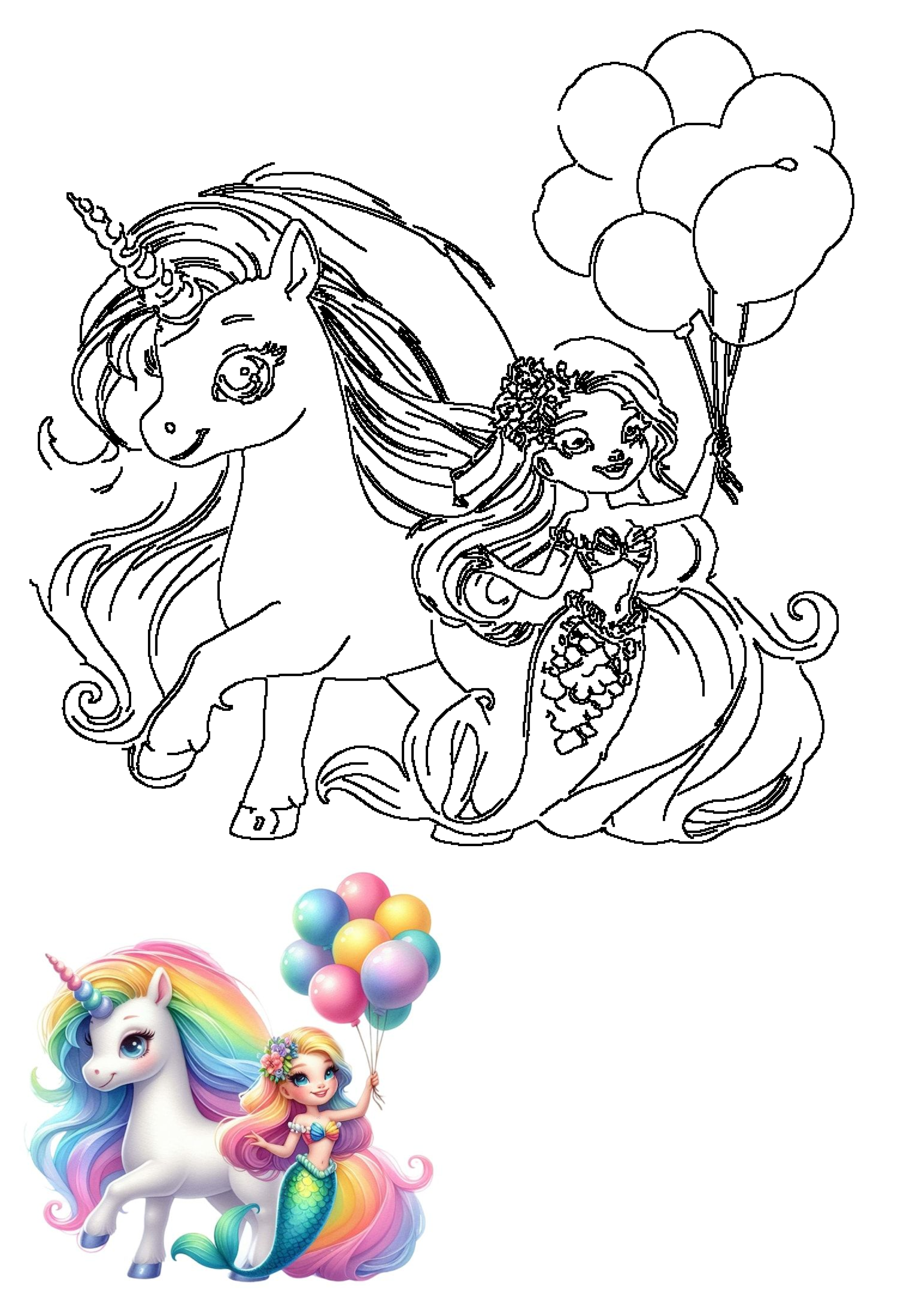 Fantasy line art featuring a graceful unicorn and a cheerful mermaid holding balloons, with a smaller vibrant colored version below.