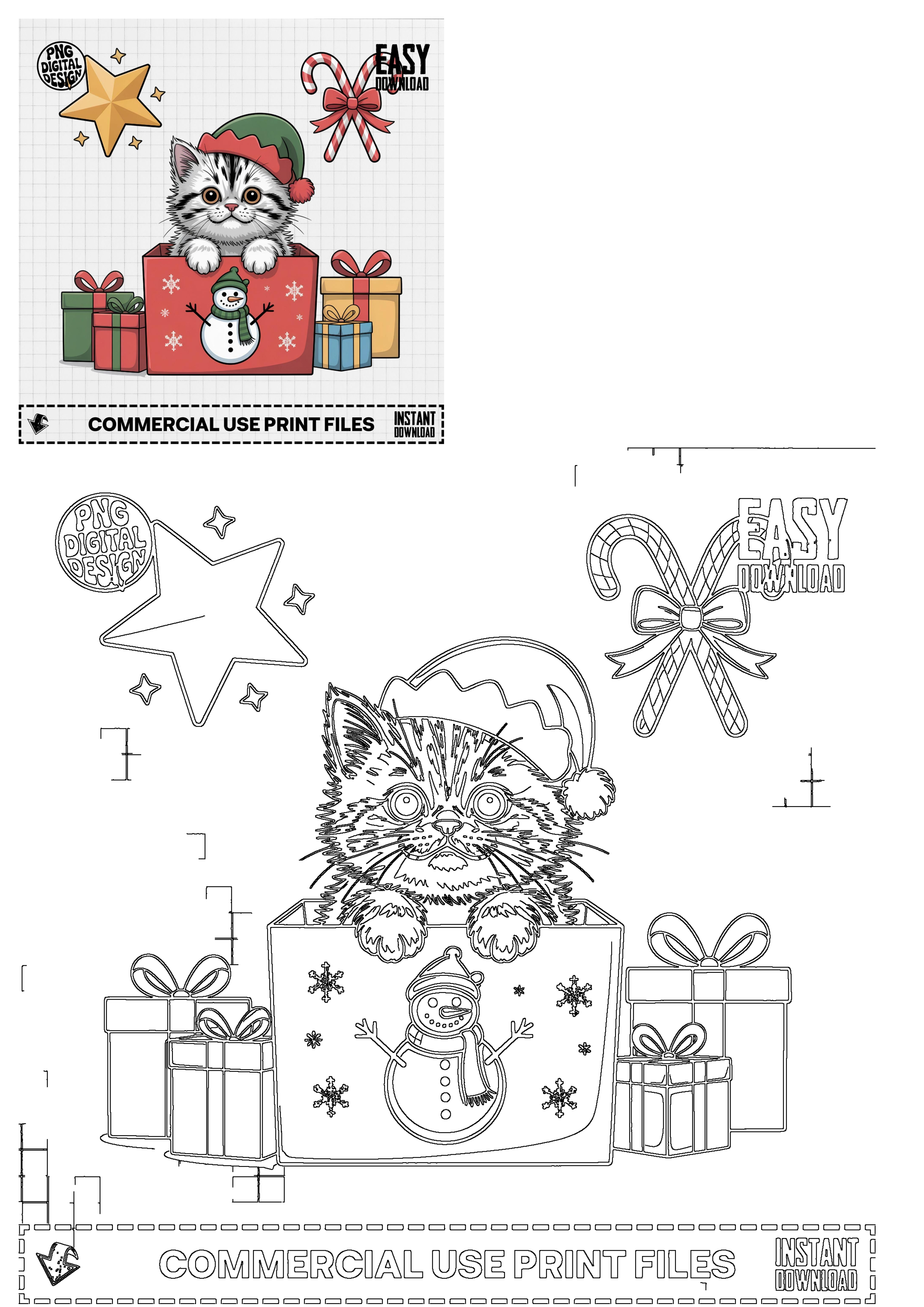 Adorable Christmas kitten in a gift box with snowman, candy cane, and gifts. Includes full-color and outline design for instant download.