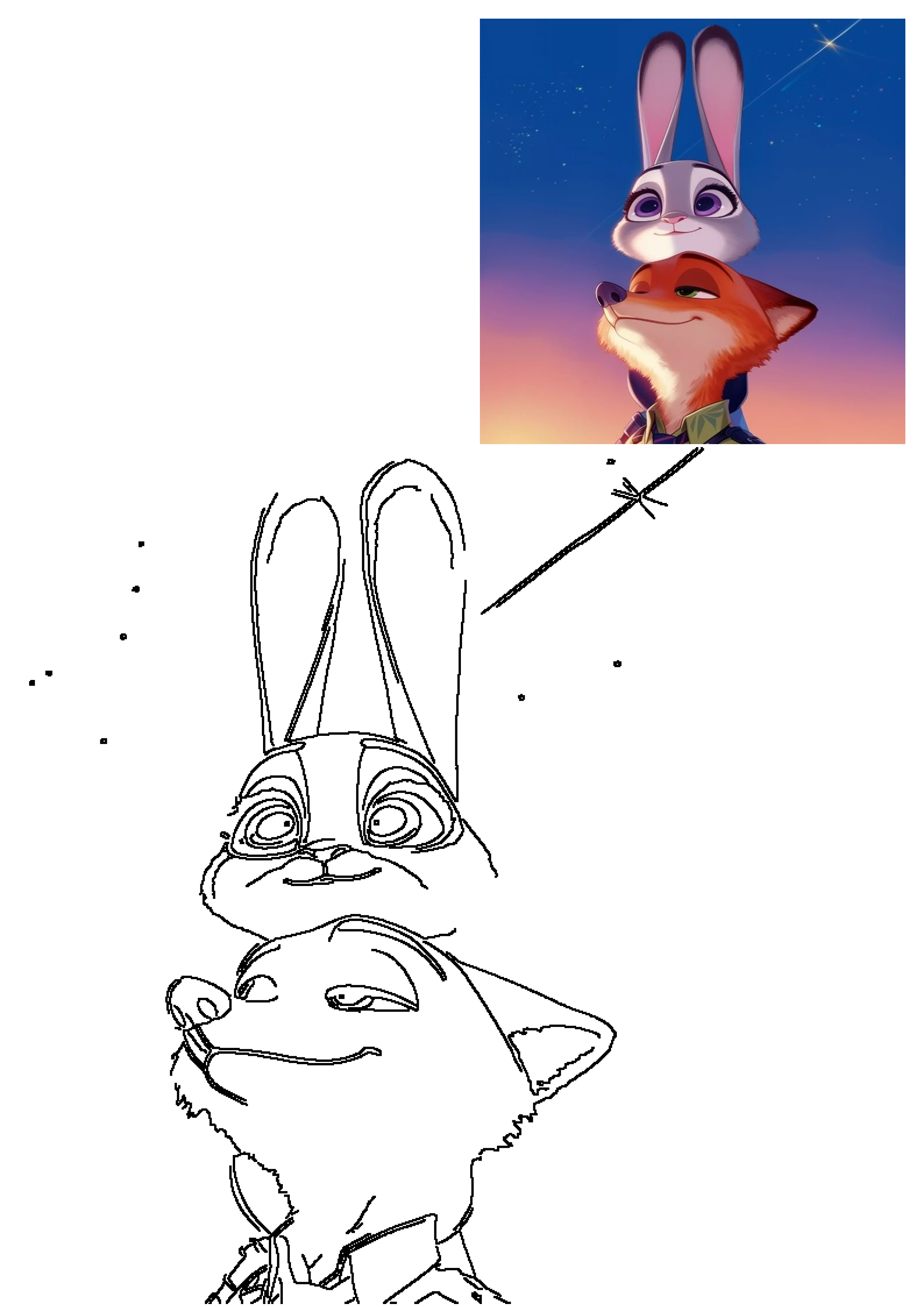 An illustration of Zootopia's Judy Hopps on Nick Wilde under a starry sunset sky, alongside a black and white sketch of the same scene.