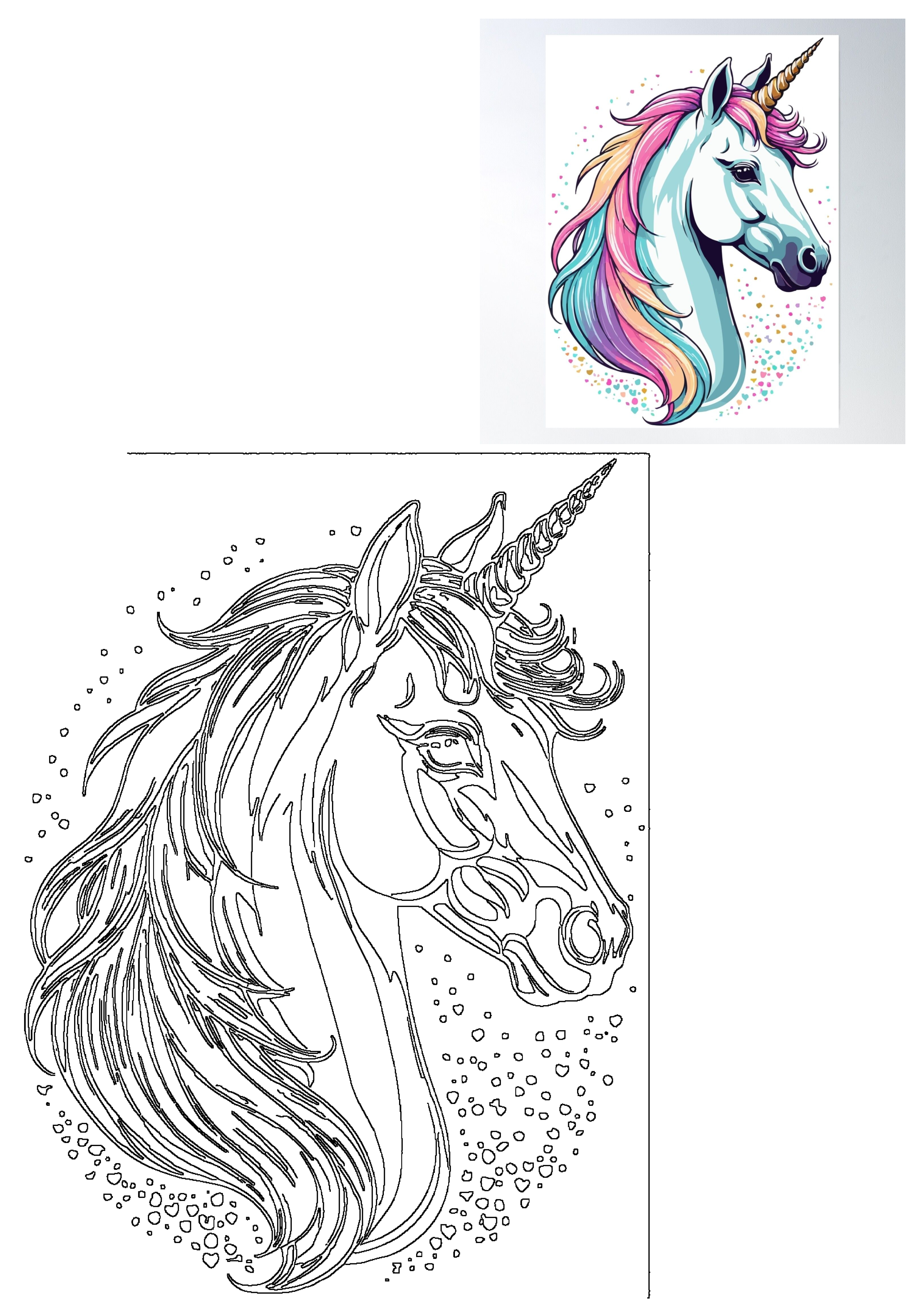 Majestic unicorn head illustration featuring vibrant rainbow mane, golden horn, and a detailed black line art outline version.