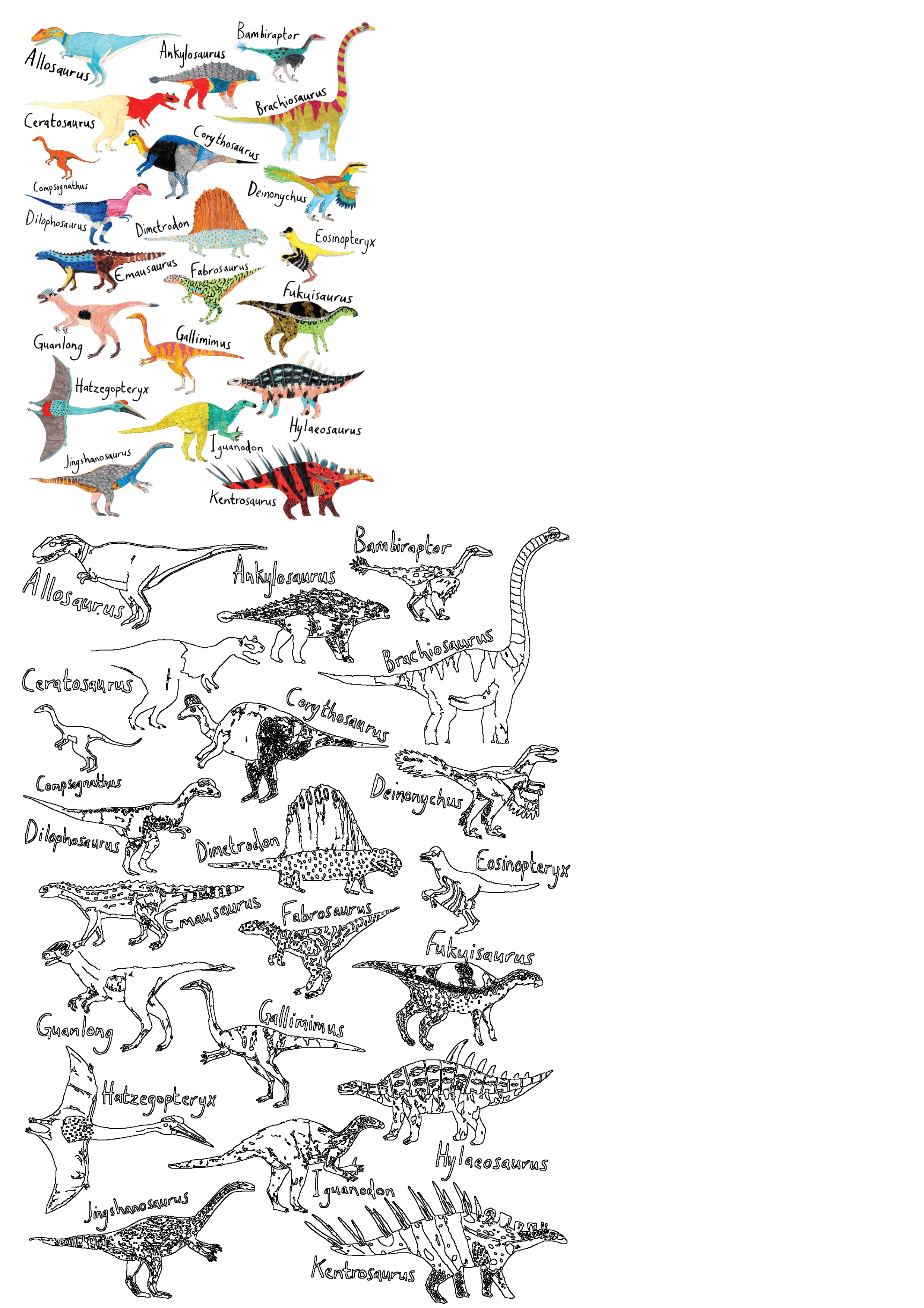 Vibrant illustrations of various dinosaur types including Allosaurus, Ankylosaurus, and Brachiosaurus, each clearly labeled with its name.